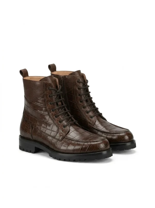 Brown Ebury Alligator Combat Boots, three-quarter view