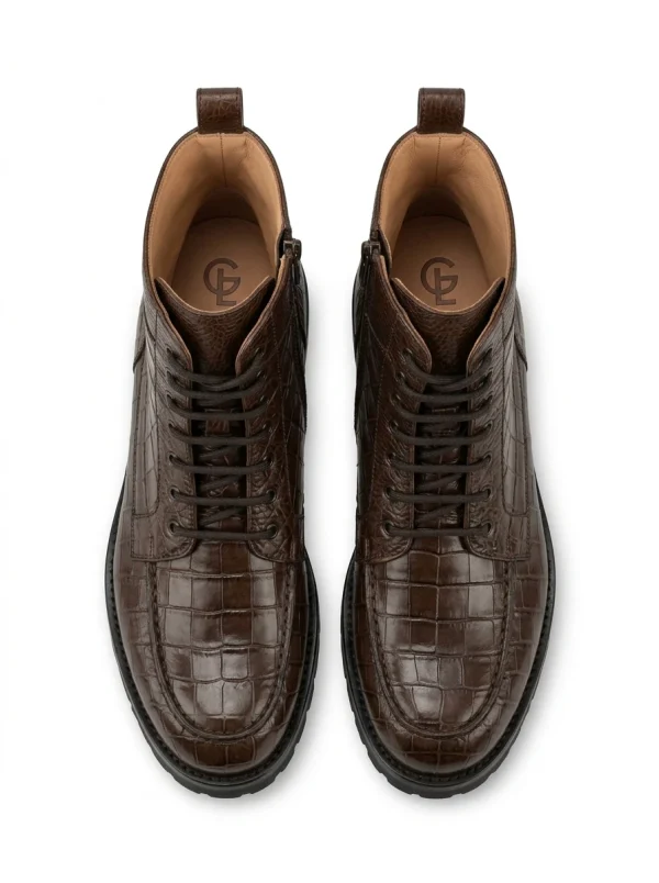 Brown Ebury Alligator Combat Boots, top view