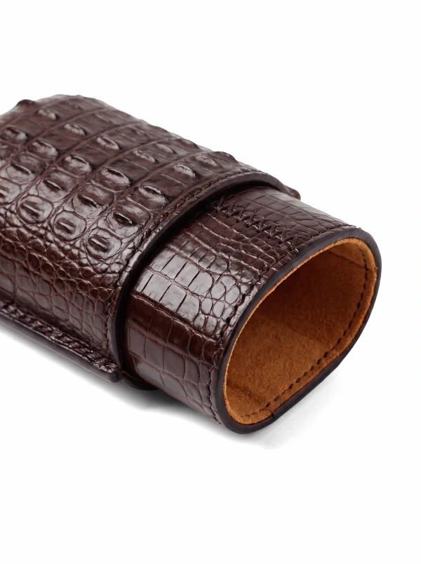 Brown Gubbio Crocodile Glasses Case, open, lining visible