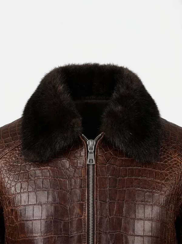Brown Isola Crocodile Flight Jacket, collar detail