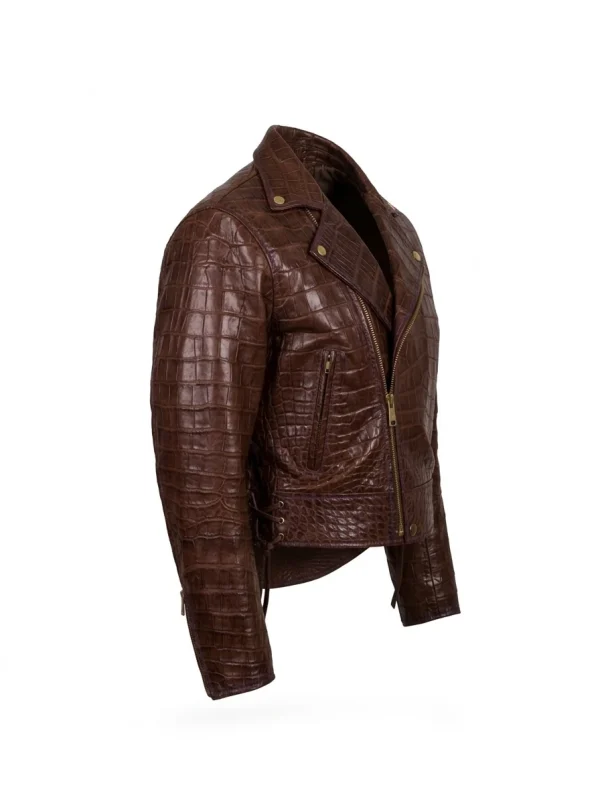 Brown Magenta Crocodile Biker Jacket, three-quarter view