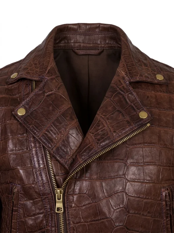 Brown Magenta Crocodile Biker Jacket, lapel and zip detail