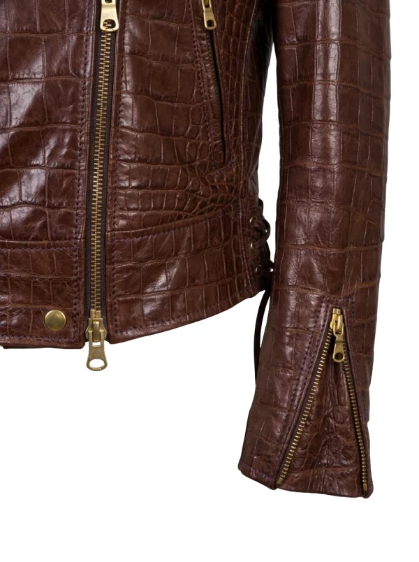 Brown Magenta Crocodile Biker Jacket, sleeve detail