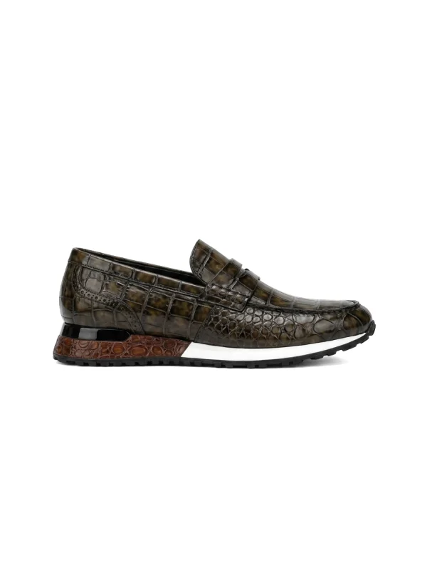 Brown Portofino Crocodile Running Loafer, side profile