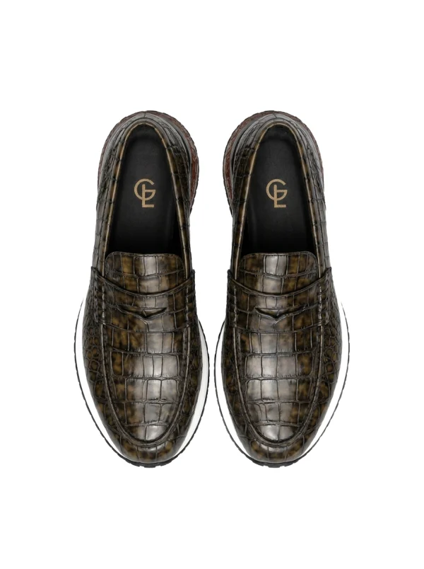 Brown Portofino Crocodile Running Loafer, top view
