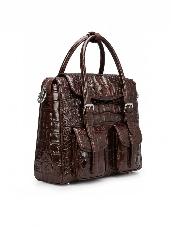 Brown Raventon Crocodile Laptop Tote, strap detail
