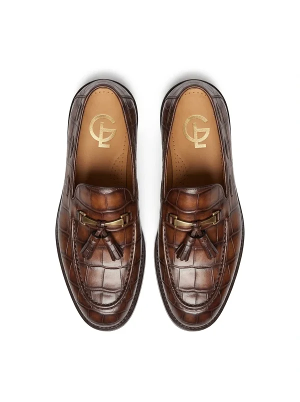 Brown Sorrento Alligator Tassel Loafer, top view