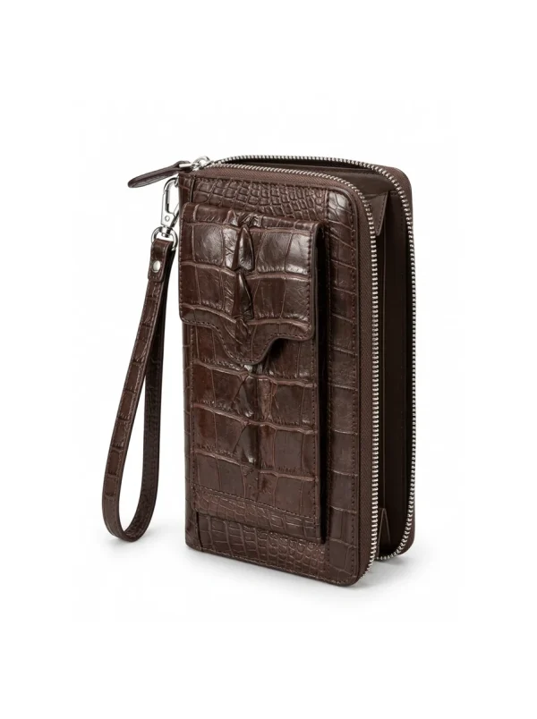 Brown Spoleto Alligator Clutch Wallet, three-quarter view