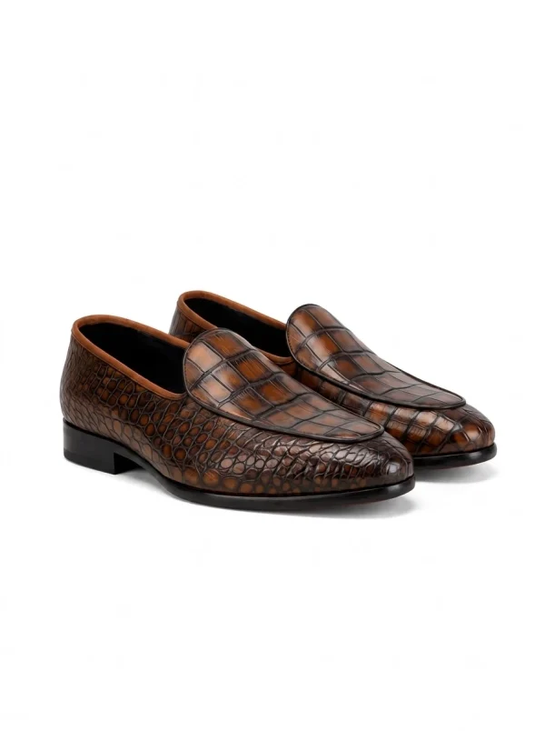 Brown Tropea Crocodile Loafer, three-quarter view