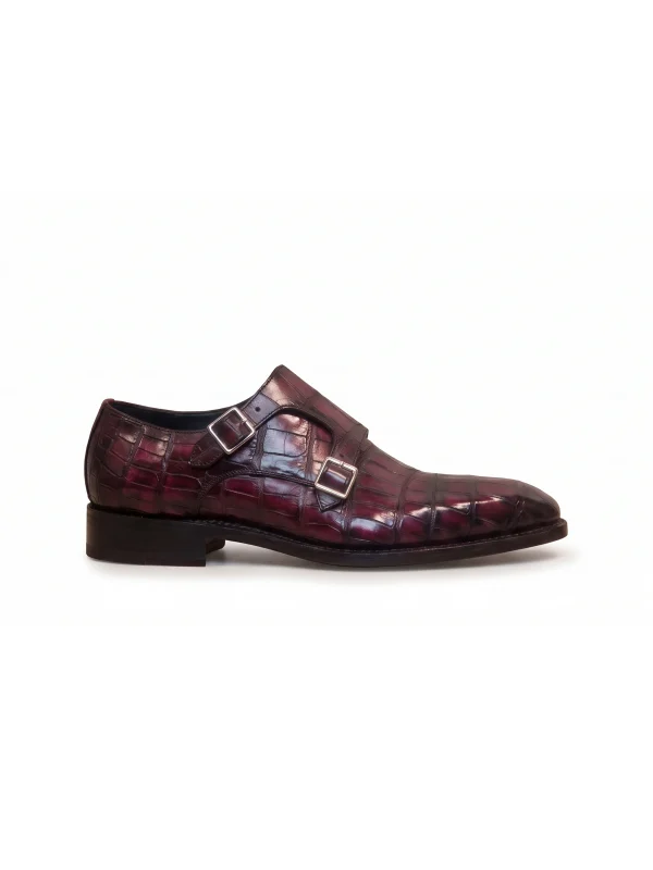 Burgundy Aristano Alligator Monk Strap Shoes, side profile