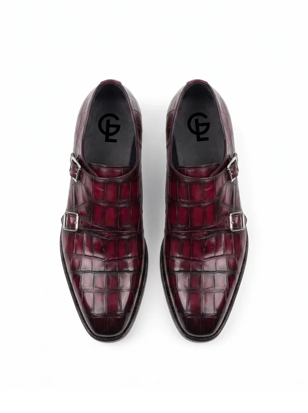 Burgundy Aristano Alligator Monk Strap Shoes, top view