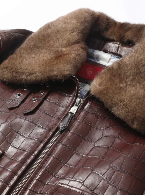 Burgundy Brera Crocodile Flight Jacket, collar detail
