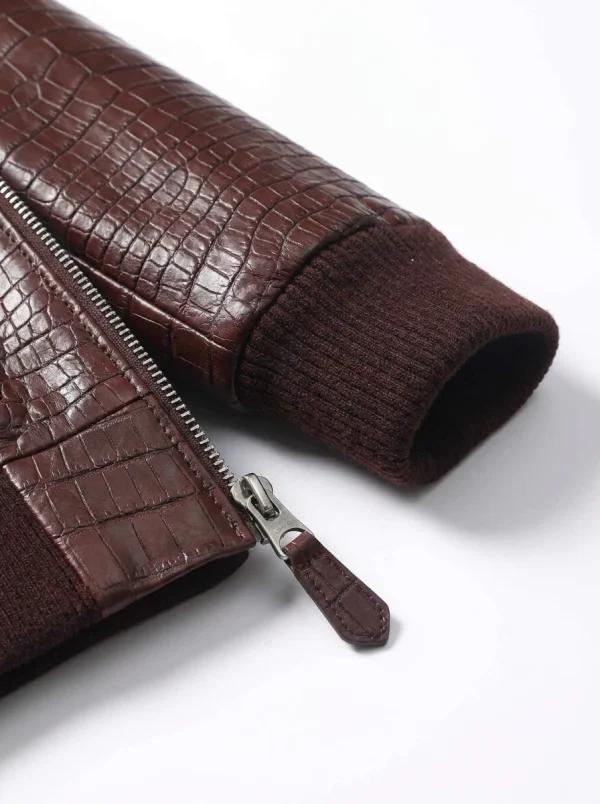 Burgundy Brera Crocodile Flight Jacket, cuff and zip detail