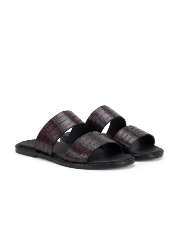 Burgundy Montague Crocodile Slides, three-quarter view