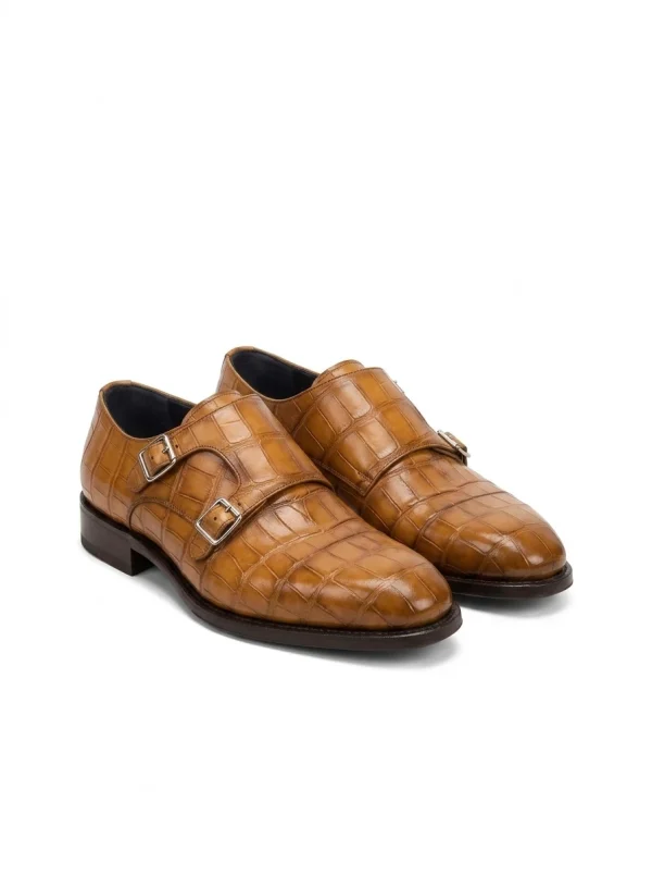 Camel Aristano Alligator Monk Strap Shoes, three-quarter view