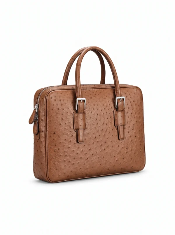 Camel Lanciano Ostrich Briefcase, three-quarter view