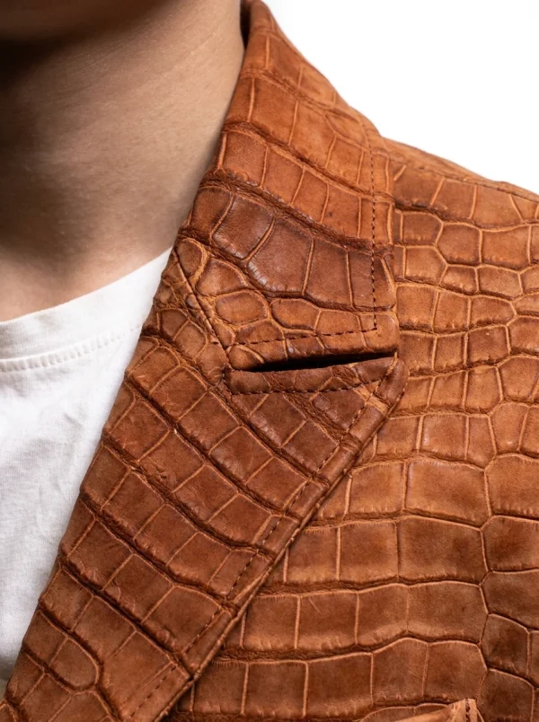 Cognac Garibaldi Crocodile Blazer, lapel detail