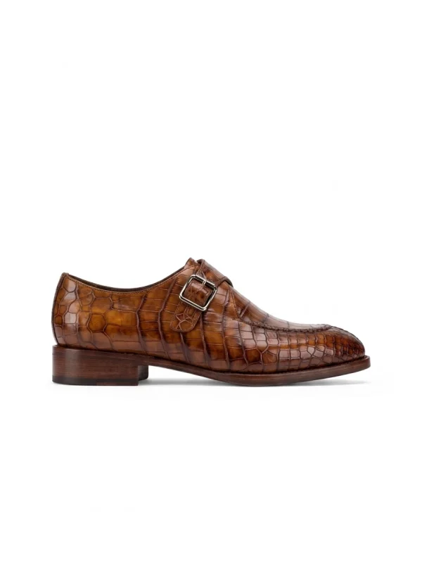 Cognac Ravenna Alligator Monk Strap Shoes, side profile