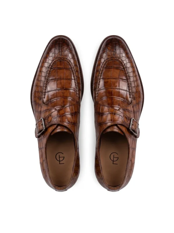 Cognac Ravenna Alligator Monk Strap Shoes, top view
