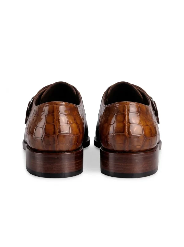 Cognac Ravenna Alligator Monk Strap Shoes, rear view