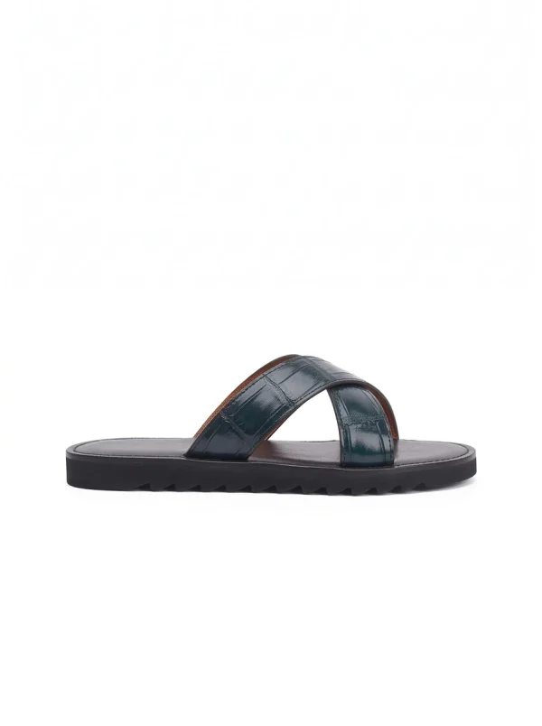 Dark Blue Cavallone Alligator Slides, side profile