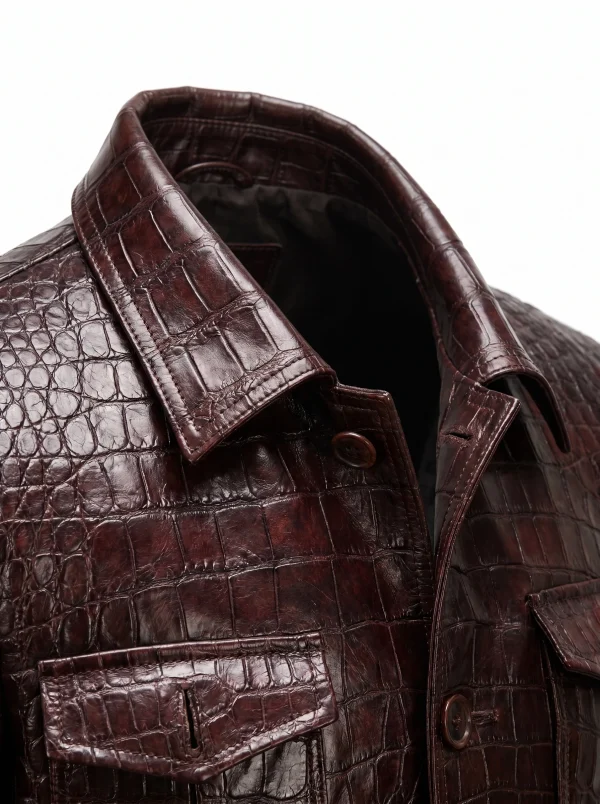 Dark Brown Monforte Crocodile Field Jacket, collar and pocket detail