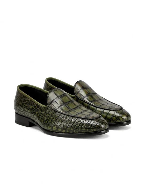 Dark Green Valentino Crocodile Loafers, three-quarter view