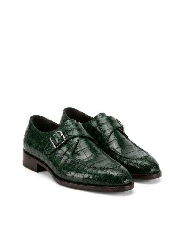 Green Carlisle Alligator Monk Strap Shoes, three-quarter view