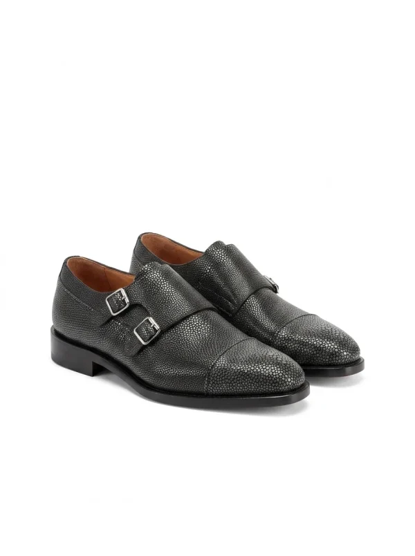 Grey Aristano Stingray Monk Strap Shoes, three-quarter view