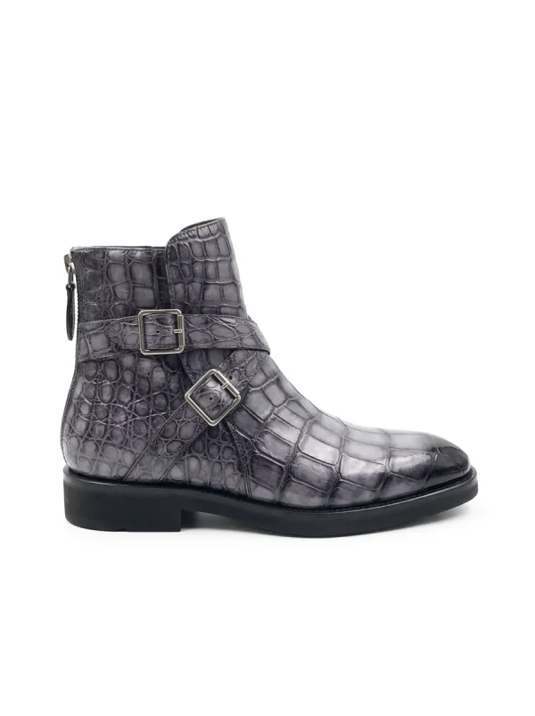 Grey Clarendon Alligator Ankle Boots, side profile
