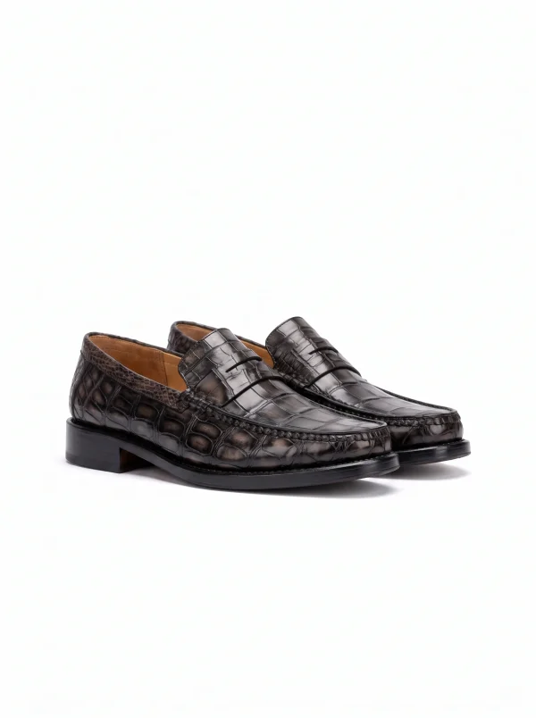 Grey Lancaster Alligator Loafers, three-quarter view