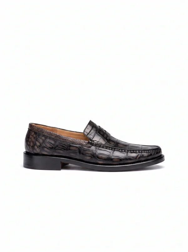 Grey Lancaster Alligator Loafers, side profile