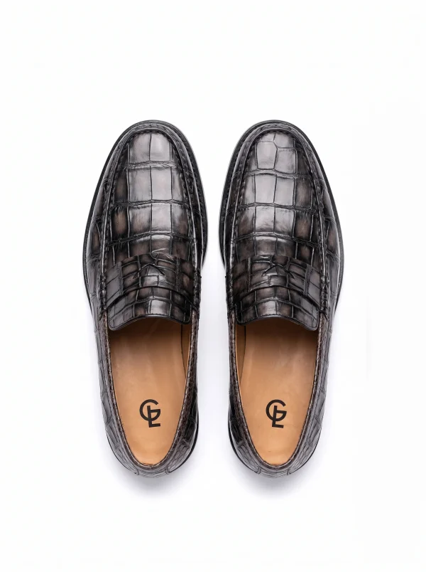 Grey Lancaster Alligator Loafers, top view