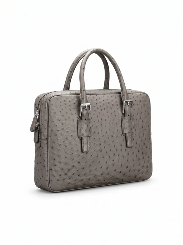 Grey Lanciano Ostrich Briefcase, three-quarter view