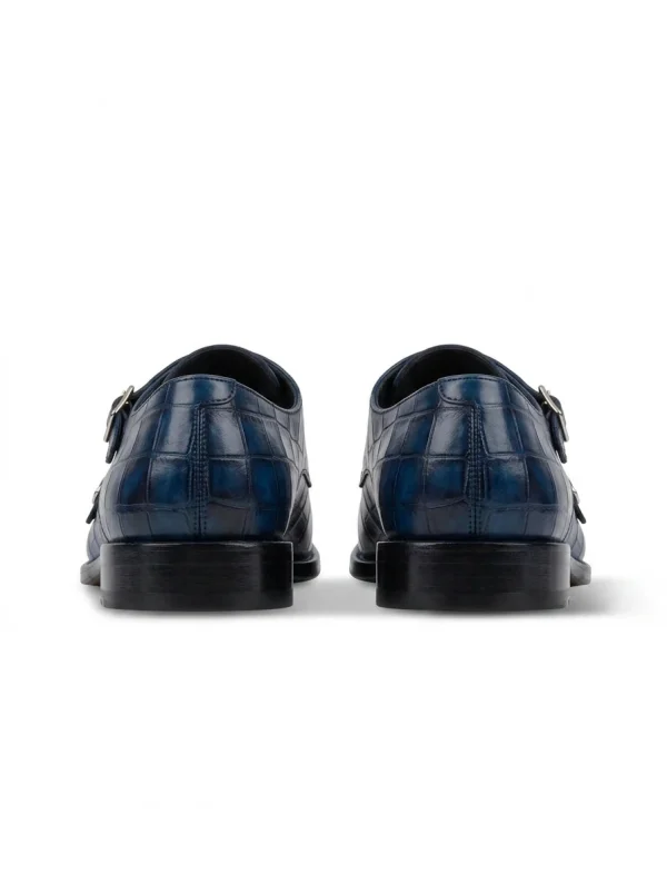 Navy Blue Aristano Alligator Monk Strap Shoes, rear view