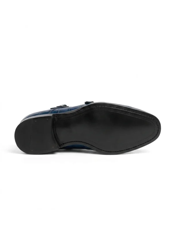 Navy Blue Aristano Alligator Monk Strap Shoes, sole