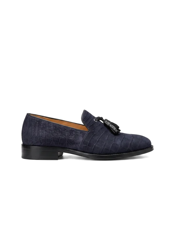 Navy Blue Positano Alligator Tassel Loafer, side profile