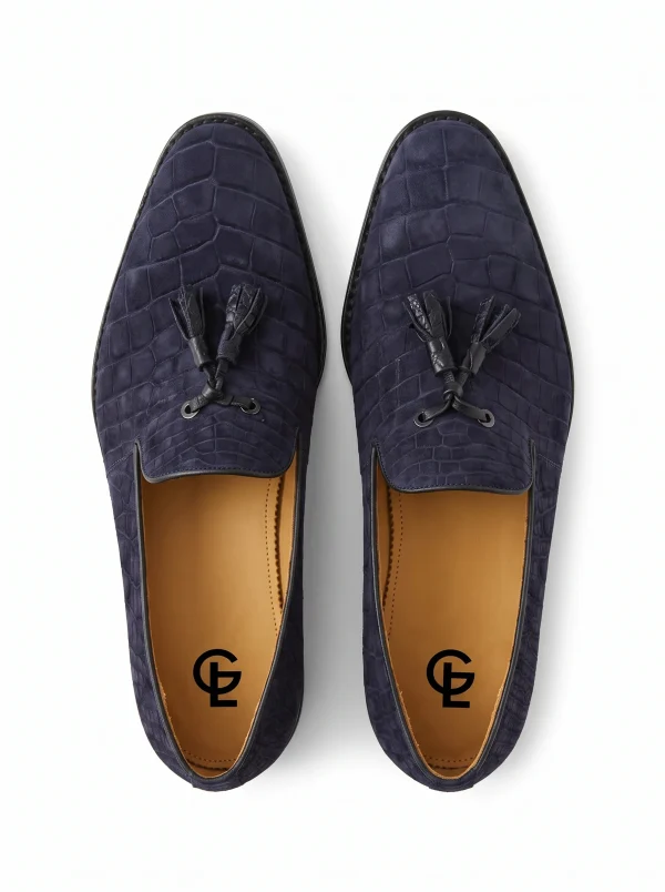 Navy Blue Positano Alligator Tassel Loafer, top view