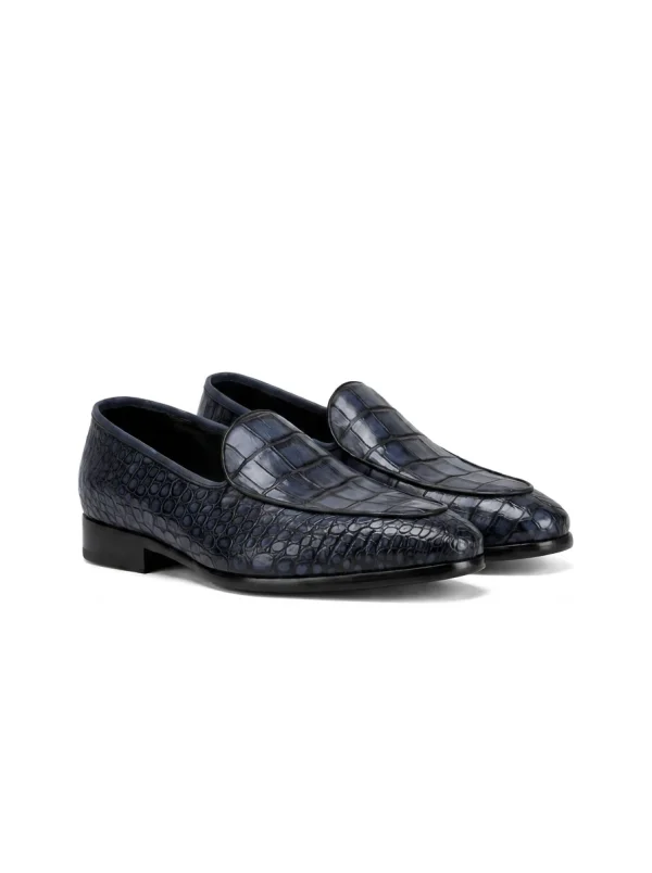 Navy Blue Tropea Crocodile Loafer, three-quarter view