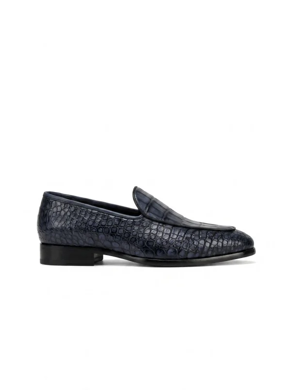 Navy Blue Valentino Crocodile Loafers, side profile