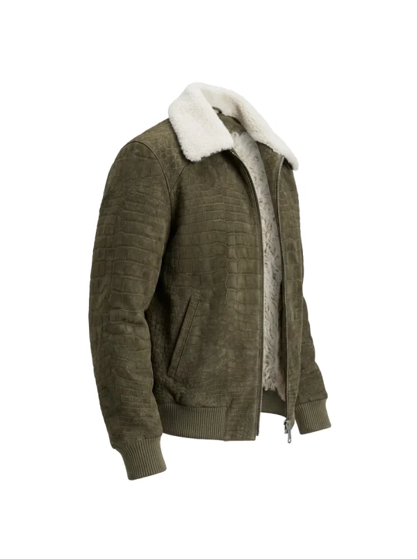 Olive Green Sempione Crocodile Bomber Jacket, three-quarter view