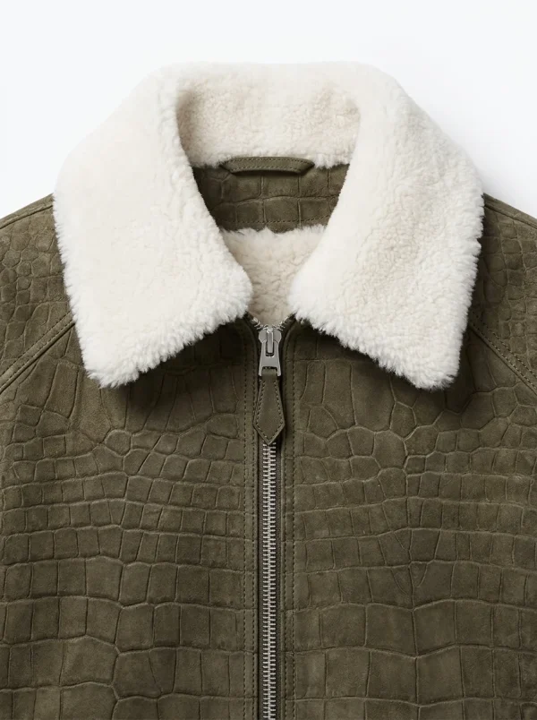 Olive Green Sempione Crocodile Bomber Jacket, collar detail