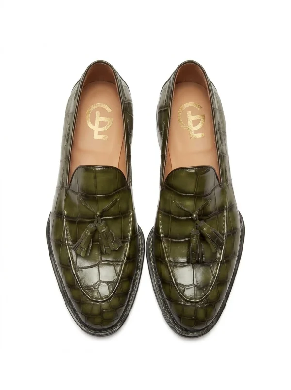 Olive Green Sorrento Alligator Tassel Loafer, top view