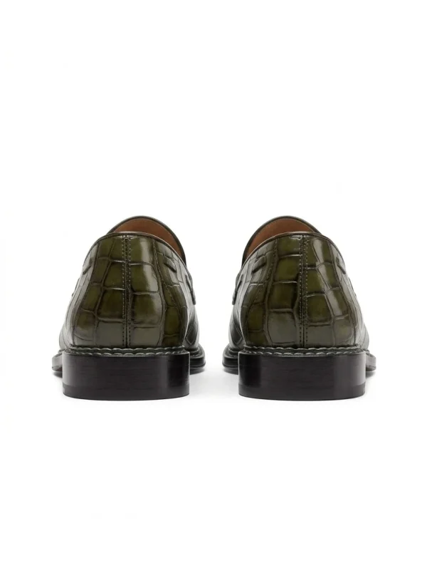 Olive Green Sorrento Alligator Tassel Loafer, rear view