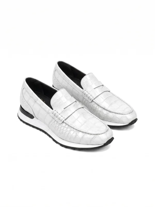 White Portofino Crocodile Running Loafer, three-quarter view