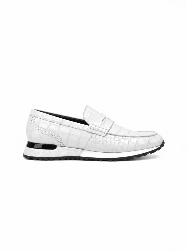 White Portofino Crocodile Running Loafer, side profile