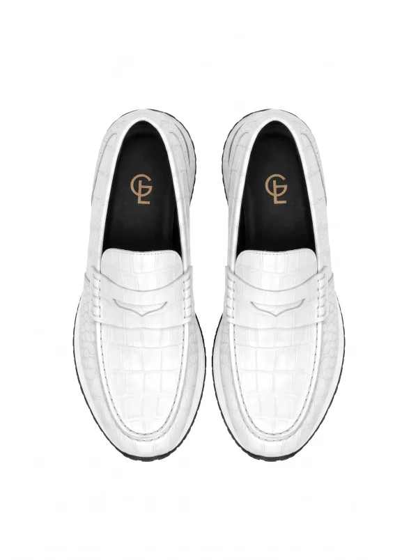 White Portofino Crocodile Running Loafer, top view